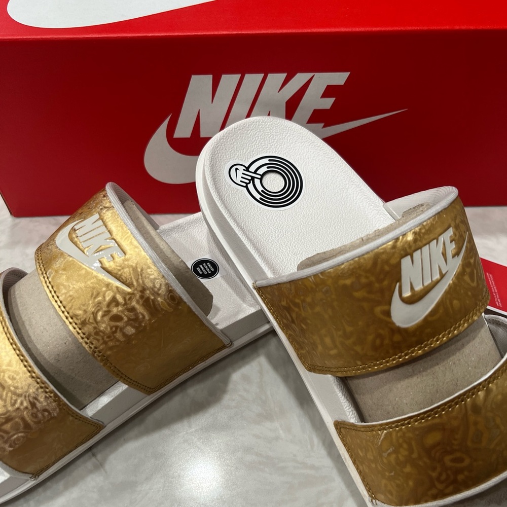 Size 8 ✅ Nike Offcourt Duo Slide Sandals Womens Gold White Slip On -SIZE 8